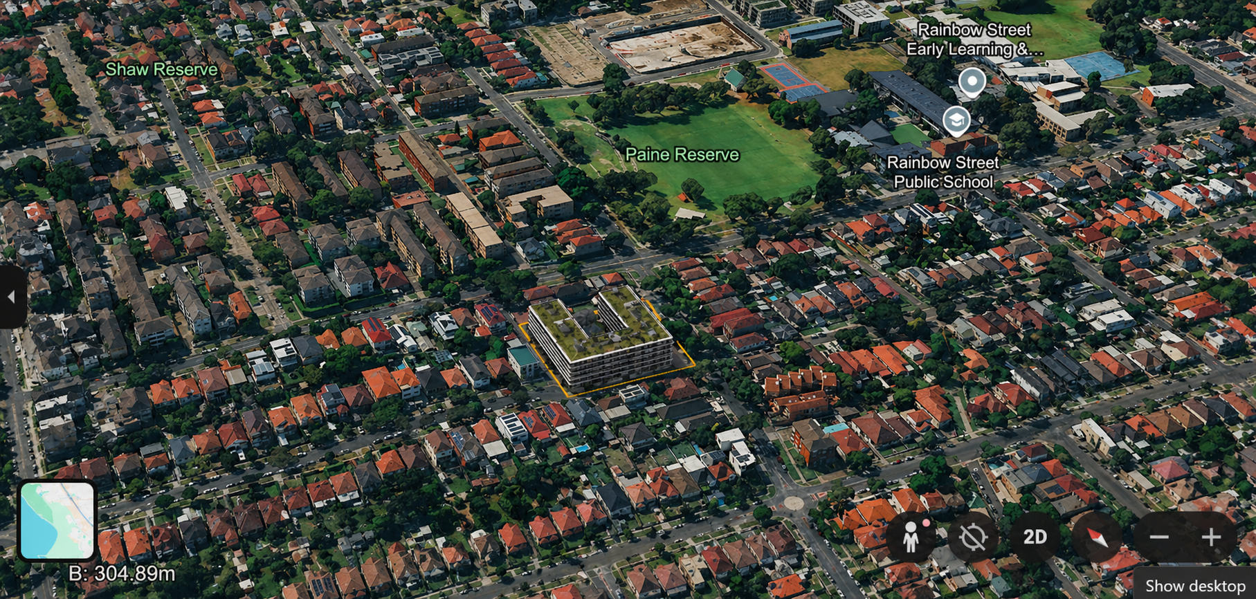 Zoomed out view showing the proposed development in the broader Kingsford neighbourhood context